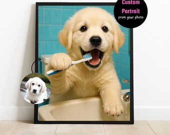 May include: A framed custom portrait featuring a golden retriever puppy brushing its teeth in a bathtub. The image includes a smaller inset photo of the puppy and text that reads "Custom Portrait from your photo."