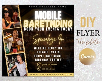 Editable Mobile Bartending Canva Flyer, Bartender Services Template, Mixologist Portable Bar, Drink Services Party, Flyer Template Design