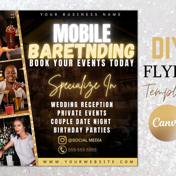 Editable Mobile Bartending Canva Flyer, Bartender Services Template, Mixologist Portable Bar, Drink Services Party, Flyer Template Design