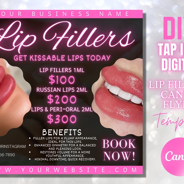 Lip Filler Canva Flyer Template Editable Social Media Flyers Beauty Business Cards Instagram Templates Post Lip Injections Book Now Flyers