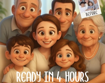 Custom Pixar Style Portrait from Your Photo,  Couple, Family, Pet Gift, Digital Pixar Art, Animated Style Portraits, Digital 3D Portrait