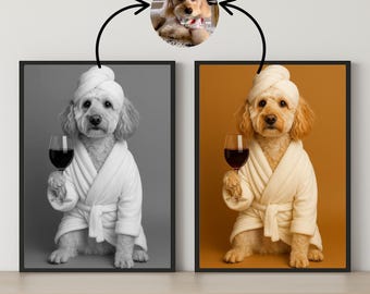 Custom Pet Portrait, Funny Bathroom Poster, Dog Wall Art, Dog Reading Newspaper on Toilet, Dog Bathroom Art, Pet in Bathtub, Pet Owner Gift