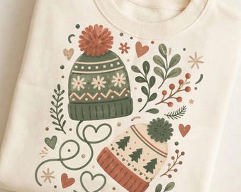 Christmas Beanie PNG, Boho Winter Hat Sublimation Design, Cozy Holiday Clipart, Neutral Christmas Digital Download DTF