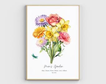 Birth Flower Family Bouquet, Birthday Gift, Personalised Birth Flower Print, Wall Art, Minimalist Home Decor, Personalised gift, Digital Art