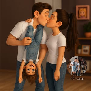 May include: A digital illustration of a family of three. A man and woman are kissing, while holding their child upside down. The child is wearing denim overalls. The image has a warm, inviting color palette.