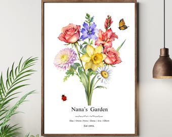 Custom Birth Flower Family Bouquet Print, Mother's Gift, Personalized Gift, Custom Gift, Birth Month Flowers Gift for Mom, Grandma's Garden