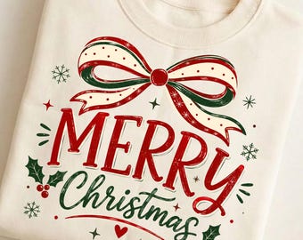 Merry Christmas Bow PNG, Cute Christmas Ribbon Sublimation Design, Holiday Shirt PNG, Festive Digital Download