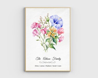 Birth Flower Family Bouquet, Minimalist Home Decor, Personalised gift, Personalised Watercolour Birth Flower Print, Wall Art, Birthday Gift