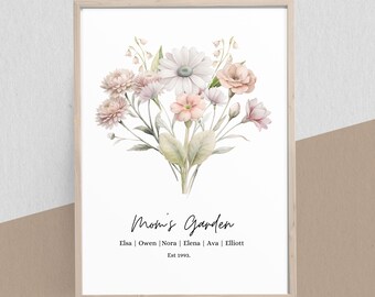 Birth Flower Family Bouquet, Birthday Gift, Minimalist Home Decor, Personalised gift, Wall Art, Personalised  Birth Flower Print