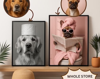 Funny Dog Bathroom Art,Personalized pet gift Dog Wall Art,Dog in Toilet,Pet in Bathtub Personalized pet gift Dog Reading Newspaper on Toilet