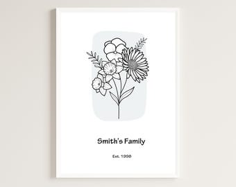 Birth Flower Family Bouquet, Minimalist Home Decor, Personalised Birth Flower Print, Wall Art, Birthday Gift, Personalised gift, Digital Art