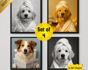 Bathroom Decor For Pet Lovers, Personalized Dog On Toilet, Funny Pet Wall Decor, Dog Reading Print, Dog Illustration In Bathroom