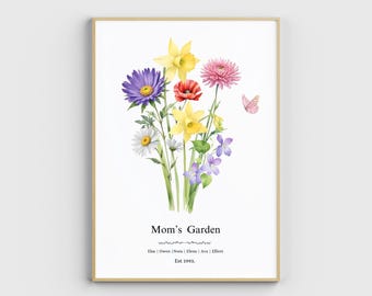 Muttertagsgeschenk für Oma, personalisierte Gartendruck, Geburtsmonat Blumenkunst, Geburtsblumenstrauß, gerahmte Zeichenkunst, digitaler Download