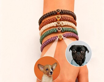 May include: Six braided bracelets in various colors: brown, tan, green, and purple. Each bracelet features a gold-colored bead and a central stone. The image also includes two dog portraits in circles.