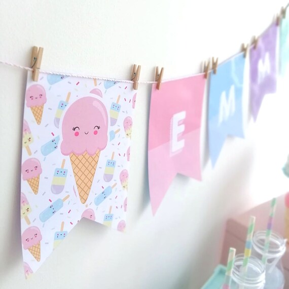Ice Cream Bunting Banner, Kawaii Illustration, Ice Cream Social, Nursery Wall Decor, REF002 Il_570xn