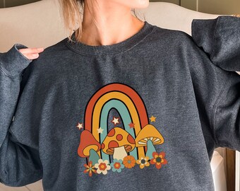 Rainbow Comfy Sweatshirt Mushroom Retro Mushroom Sweatshirt Mushroom Sweatshirt Women Trendy Mushroom Sweatshirt Vintage Kreandolux