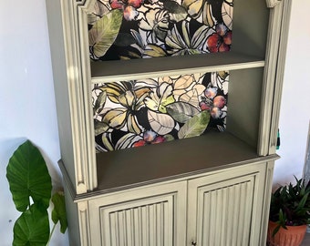 Buffet Bibliothèque "Fleurs" Vintage Shabby Bois de Sauge Vert