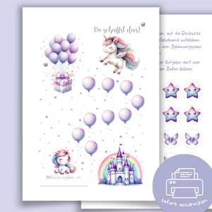 Könnte beinhalten: Ein druckbares Belohnungsdiagramm mit einem Einhorn, Luftballons, einem Schloss und Sternen. Das Diagramm enthält den Text "Du schaffst das!" und ist für den sofortigen Druck konzipiert. Das Design beinhaltet Pastellfarben und ein skurriles Thema.