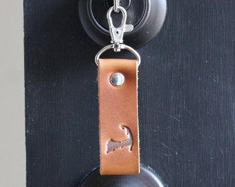 Cape Cod Brown Leather Keychain ocean Handmade in USA Key ring