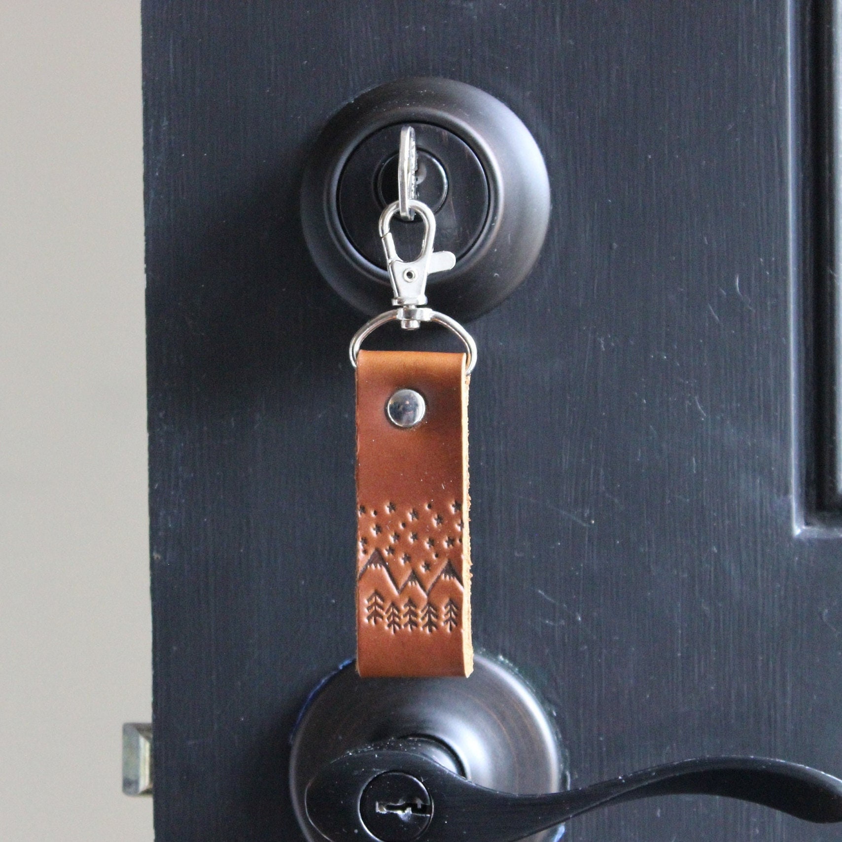 Stars Mountains Trees Brown Leather Keychain Handmade in USA Key Ring ...