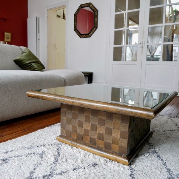 Table basse carrée en châtaignier tressé, avec plateau en verre