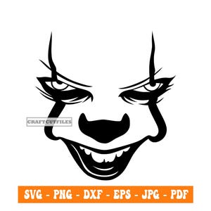 May include: A black and white graphic of a clown's face with a sinister expression. The image features exaggerated features, including a large nose, wide grin, and intense eyes. The text "CRAFTCUTFILES" is in a small box. Below the image, the text reads "SVG - PNG - DXF - EPS - JPG - PDF".