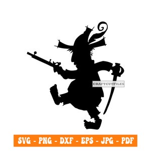 Puede incluir: Silueta negra de un pirata sosteniendo un arma y una espada. El pirata lleva un sombrero con una pluma.