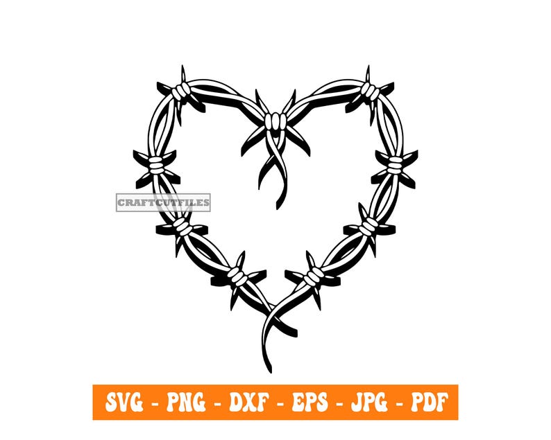 May include: A black and white illustration of a barbed wire heart. The barbed wire is in the shape of a heart.
