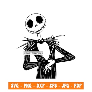 May include: Black and white silhouette of Jack Skellington, the Pumpkin King from The Nightmare Before Christmas, with a mischievous grin and a pinstripe suit. He is standing with his arms crossed and a bow tie.