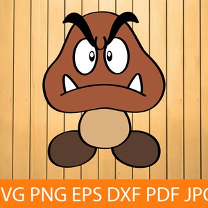 Puede incluir: Un personaje de dibujos animados de hongo marrón con una cara fruncida y dientes afilados. El personaje tiene un sombrero marrón con un contorno negro y cejas negras. El hongo tiene un cuerpo beige y pies marrones.