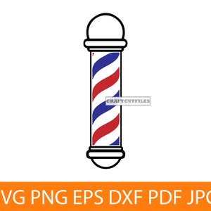 Peut inclure: Un poteau de barbier rouge, blanc et bleu avec un sommet blanc. Le poteau de barbier est un symbole traditionnel d'un salon de coiffure.