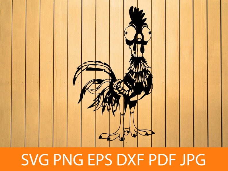 May include: Black and white silhouette of a rooster with large eyes and a detailed feathered body. The rooster is standing on a wooden background.
