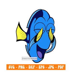 May include: A blue and yellow cartoon fish with a big smile and closed eyes. The fish has a black outline and is facing the right side of the image.