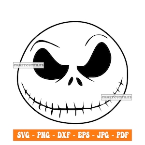 May include: Black and white line art illustration of Jack Skellington's face from the movie The Nightmare Before Christmas. The face is smiling with a stitched mouth and has large, black eyes.