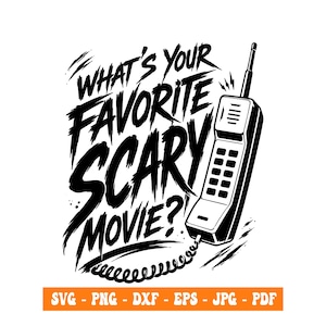 Könnte beinhalten: Eine schwarz-weiße grafische Illustration eines alten Mobiltelefons mit Antenne und Spiralkabel. Der Text "WHAT'S YOUR FAVORITE SCARY MOVIE?" ist in einer fetten, stilisierten und gezackten Schriftart links neben dem Telefon angeordnet.
