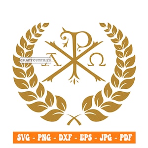 Op de afbeelding: Een goudkleurig grafisch ontwerp van een christelijk symbool, de Chi Rho, met de Griekse letters Alfa en Omega, omringd door een krans van bladeren.