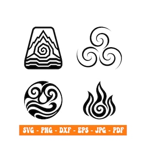 May include: A set of four black graphic icons representing elemental symbols: a mountain within a trapezoid, a triple spiral, a circular water wave pattern, and a flame. Below the icons, orange text reads: SVG - PNG - DXF - EPS - JPG - PDF.