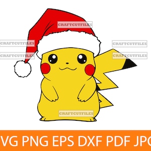May include: A yellow cartoon character with red cheeks and black eyes wearing a red Santa hat with a white trim and pom-pom. The image includes the text "SVG PNG EPS DXF PDF JPG".
