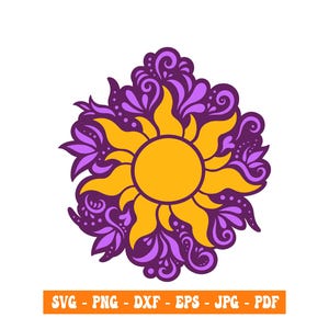 May include: A graphic illustration of a yellow sun with stylized flame-like rays, surrounded by a dark purple and light purple floral-inspired filigree pattern. Below the design, an orange rectangular bar contains the text SVG - PNG - DXF - EPS - JPG - PDF.