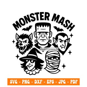 Może przedstawiać: Czarno-biała grafika z napisem „MONSTER MASH” i ilustracjami wilkołaka, potwora Frankensteina, Drakuli, czarownicy i mumii. Obraz zawiera nietoperze i gwiazdy, z opcjami typu pliku poniżej.