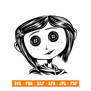 Puede incluir: Una ilustración gráfica en blanco y negro de un personaje con pelo corto, una pinza de pelo de libélula y ojos de botón. El personaje tiene pecas y una leve sonrisa. Debajo de la ilustración, el texto dice: SVG - PNG - DXF - EPS - JPG - PDF.