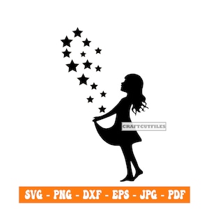 Puede incluir: Una silueta negra de una niña soplando sobre un grupo de estrellas. La niña lleva un vestido y tiene el pelo suelto. Las estrellas están dispersas alrededor de su cabeza.