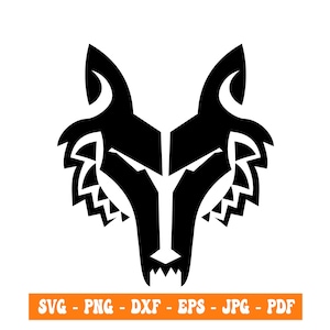 Pode incluir: Silhueta preta e branca de uma cabeça de lobo com um design estilizado. A cabeça do lobo está voltada para a frente com a boca aberta e os dentes visíveis.
