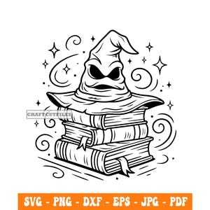 May include: Black and white illustration of a wizard's hat with an angry face, atop a stack of books. Swirls and stars surround the hat and books. The image includes the text "CRAFTCUTFILES" and "SVG - PNG - DXF - EPS - JPG - PDF".