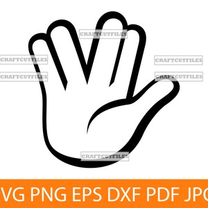 Peut inclure: Un dessin au trait noir et blanc d'une main avec quatre doigts tendus, faisant le salut Vulcain.