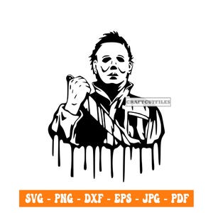 May include: Black and white silhouette of a horror movie character holding a knife. The character is wearing a mask and has dripping blood around them.