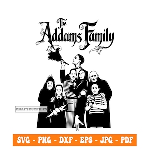 May include: A black and white graphic of the Addams Family. The family is illustrated in a stylized manner, with the words "The Addams Family" above them. The image includes the text "SVG - PNG - DXF - EPS - JPG - PDF".