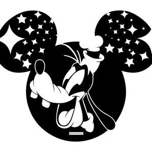 Puede incluir: Silueta en blanco y negro de un perro de dibujos animados con una sonrisa tonta, dentro de un par de orejas de Mickey Mouse con un patrón de estrellas blancas.