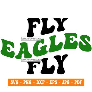Puede incluir: Gráfico de texto negro y verde que dice "Fly Eagles Fly" en un estilo de fuente retro.