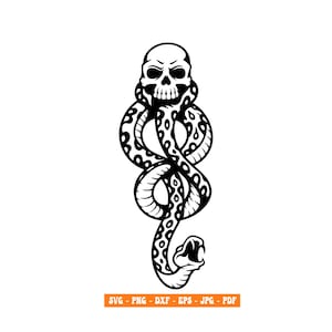 Puede incluir: Una ilustración gráfica en blanco y negro que muestra un cráneo humano sobre una serpiente enroscada con la boca abierta. Debajo del gráfico, una franja naranja contiene el texto en blanco: SVG - PNG - DXF - EPS - JPG - PDF.